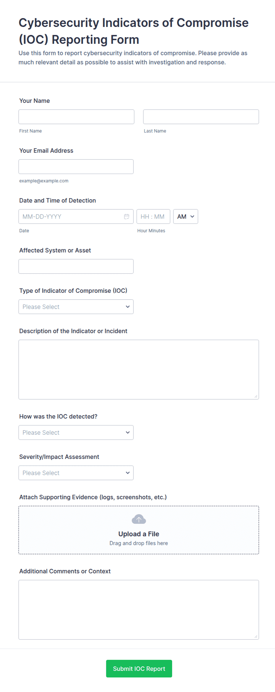 Cybersecurity Indicators of Compromise (IOC) Reporting Form Template ...