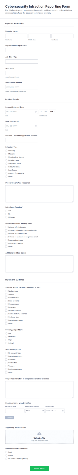 Cybersecurity Infraction Reporting Form Template