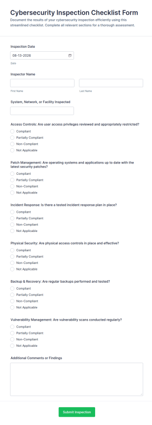 Cybersecurity Inspection Checklist Form Template