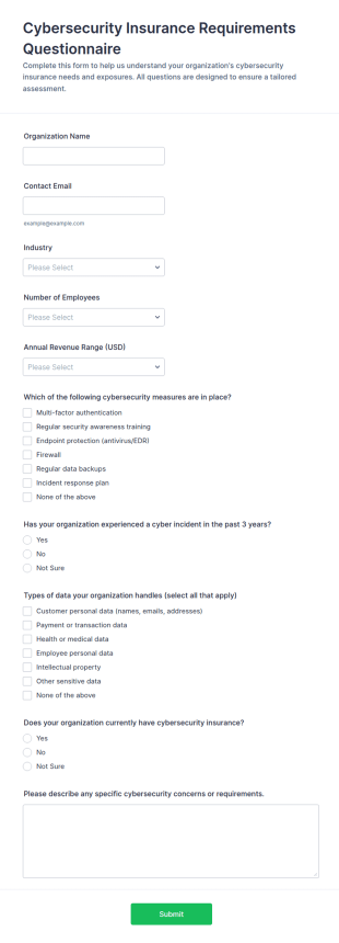 Cybersecurity Insurance Requirements Questionnaire Form Template