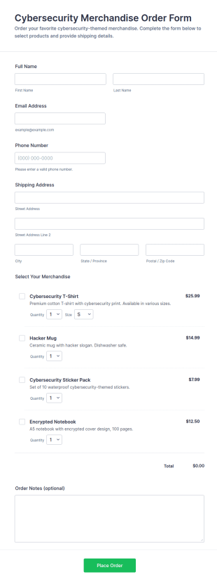 Cybersecurity Merchandise Order Form Template