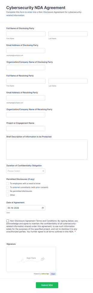 Cybersecurity NDA Form Template