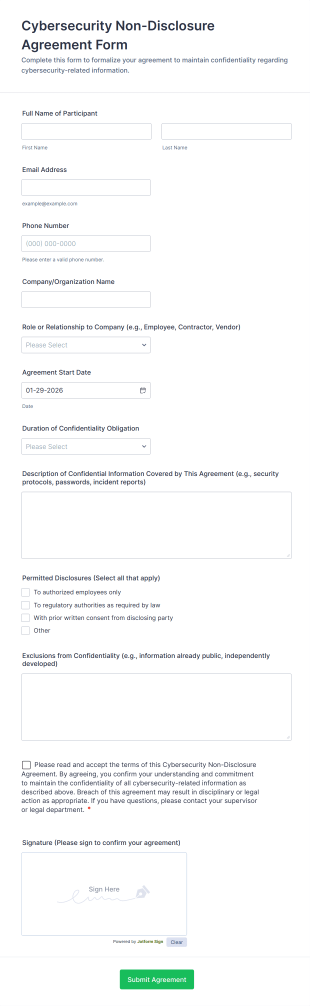 Cybersecurity Non Disclosure Agreement Form Template