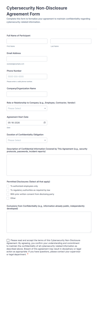 Cybersecurity Non Disclosure Agreement Form Template