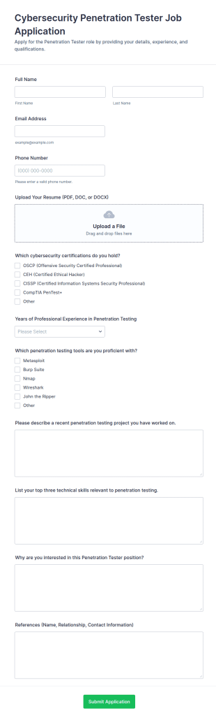 Cybersecurity Penetration Tester Job Application Form Template