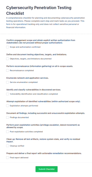 Cybersecurity Penetration Testing Checklist Form Template