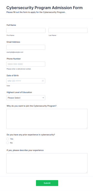Cybersecurity Program Admission Form Template
