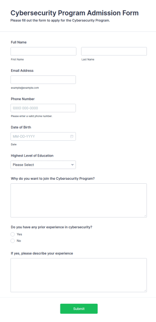 Cybersecurity Program Admission Form Template