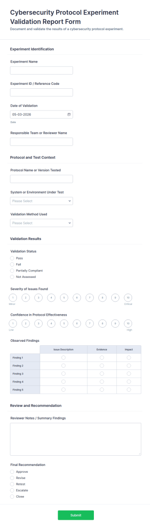 Cybersecurity Protocol Experiment Validation Report Form Template