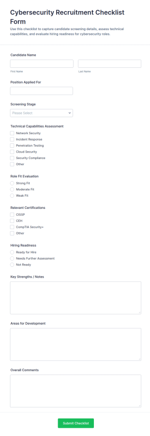 Cybersecurity Recruitment Checklist Form Template