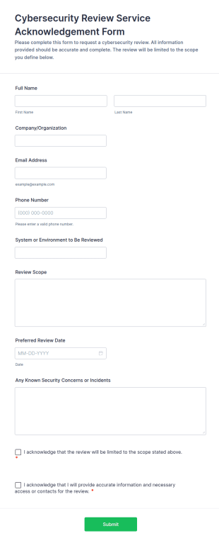 Cybersecurity Review Service Acknowledgement Form Template