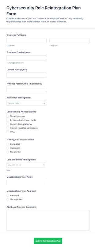Cybersecurity Role Reintegration Plan Form Template