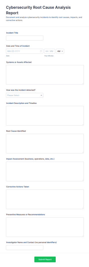 Cybersecurity Root Cause Analysis Report Form Template