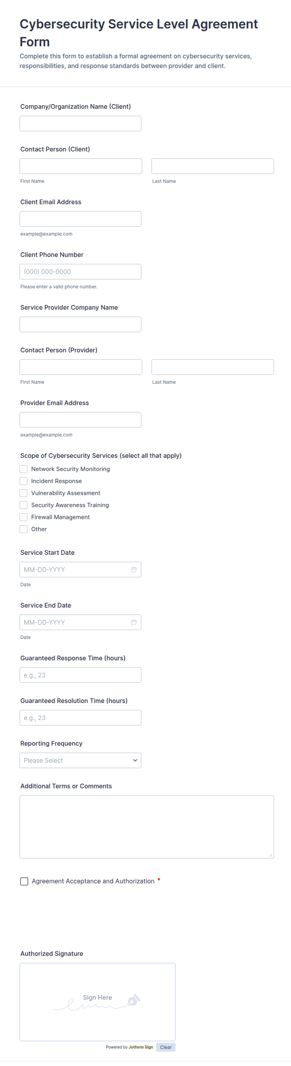 Cybersecurity SLA Contract Form Template | Jotform