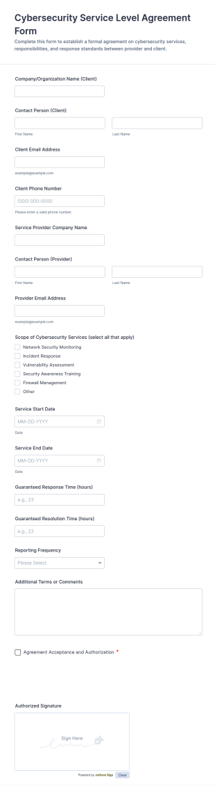 Cybersecurity SLA Contract Form Template