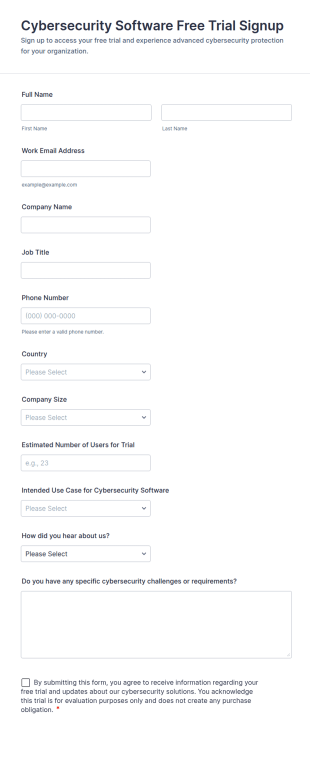 Cybersecurity Software Free Trial Signup Form Template