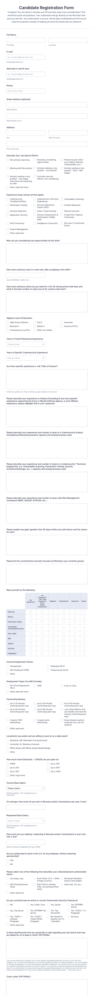 Cybersecurity Specialist Candidate Registration Form Template