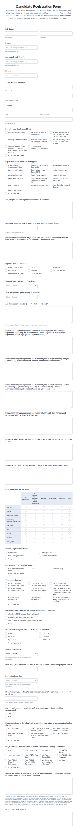 Cybersecurity Specialist Candidate Registration Form Template