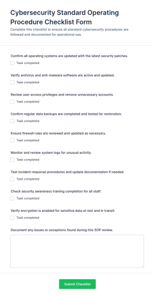 Cybersecurity Standard Operating Procedure Checklist Form Template