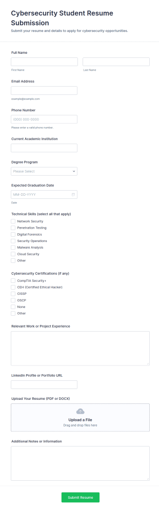Cybersecurity Student Resume Submission Form Template