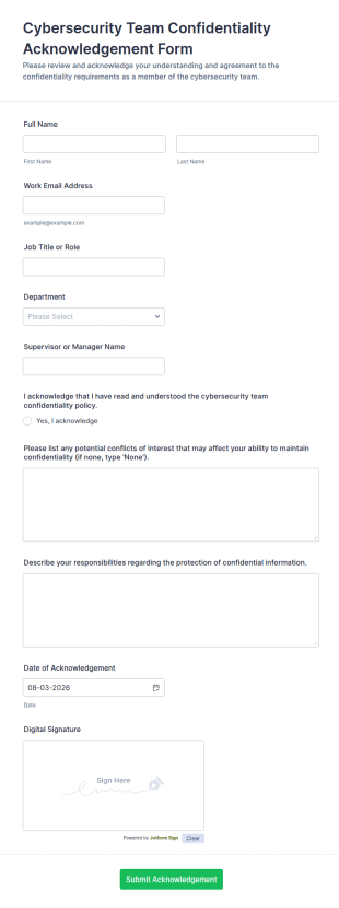 Cybersecurity Team Confidentiality Acknowledgement Form Template