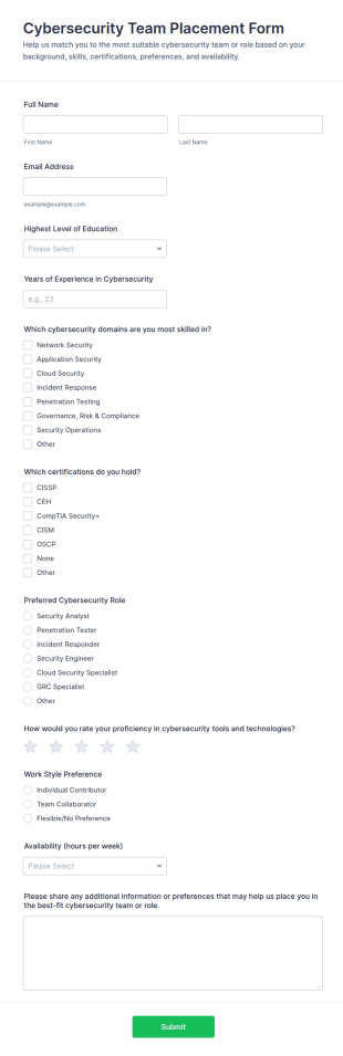 Cybersecurity Team Placement Survey Form Template