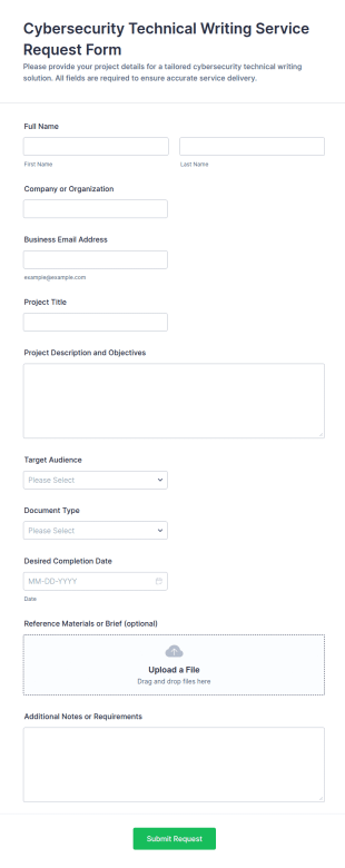 Cybersecurity Technical Writing Service Request Form Template