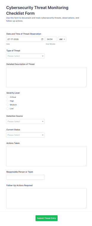 Cybersecurity Threat Monitoring Checklist Form Template