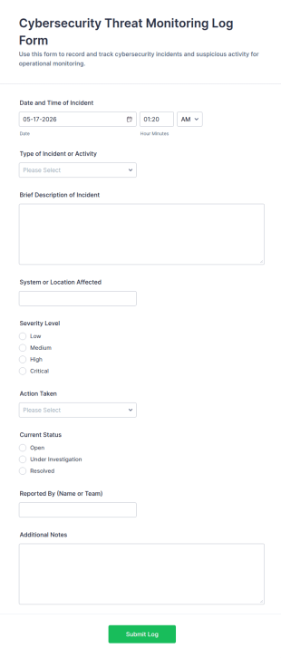 Cybersecurity Threat Monitoring Log Form Template