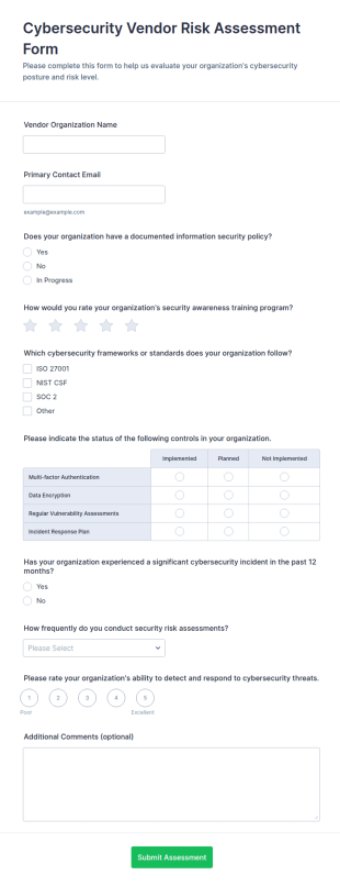 Cybersecurity Vendor Risk Assessment Form Template
