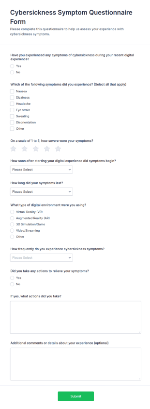 Cybersickness Symptom Questionnaire Form Template