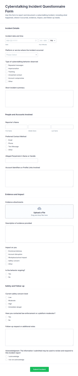 Cyberstalking Incident Report Form Template