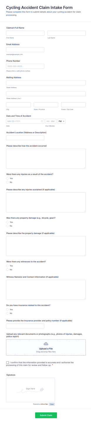 Cycling Accident Claim Intake Form Template