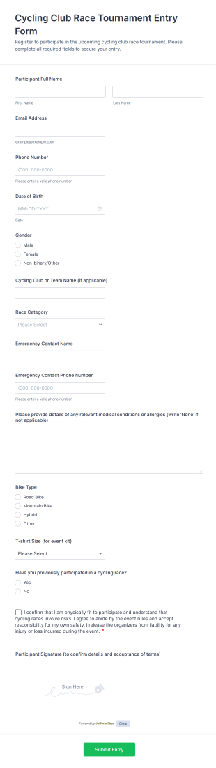 Cycling Club Race Tournament Entry Form Template