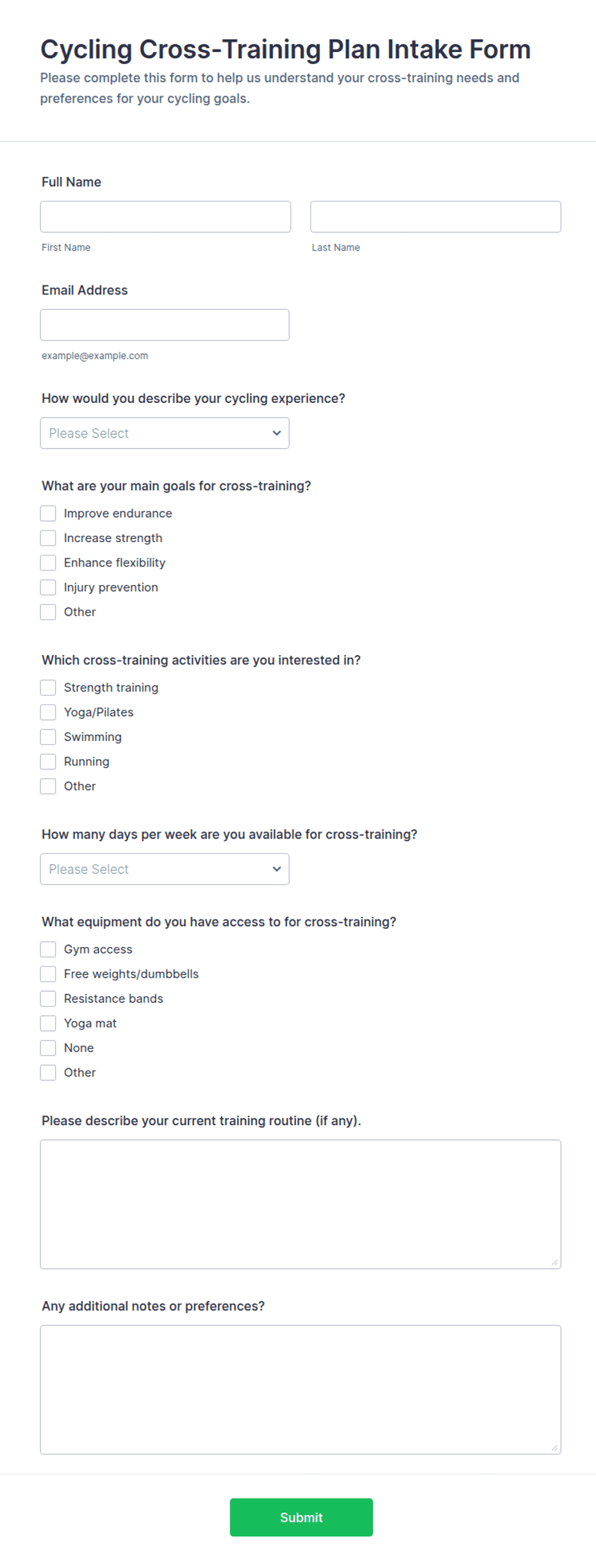 Cycling Cross-Training Plan Intake Form Template | Jotform