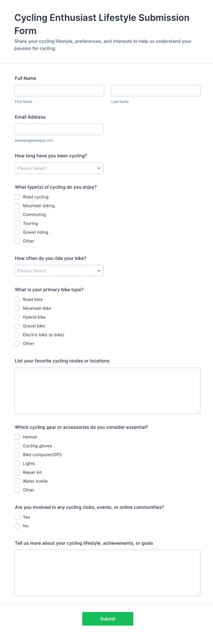 Cycling Enthusiast Lifestyle Submission Form Template