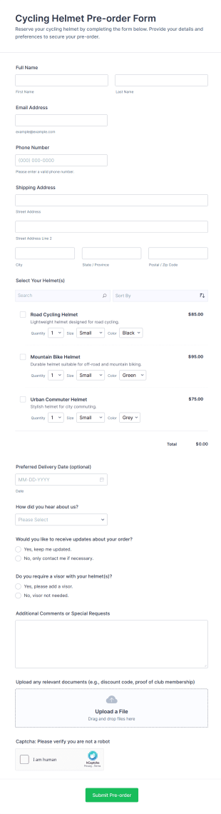 Cycling Helmet Pre Order Form Template