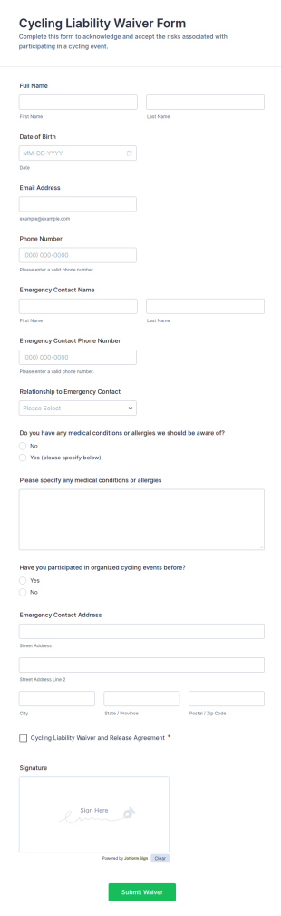 Cycling Liability Waiver Form Template