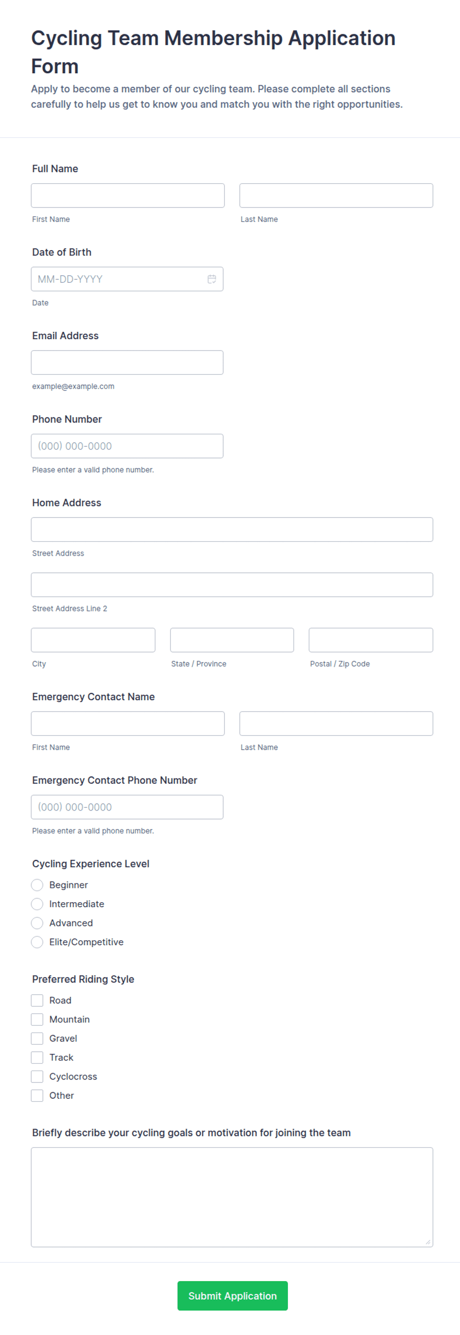 Cycling Team Membership Application Form Template | Jotform