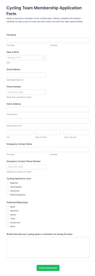 Cycling Team Membership Application Form Template