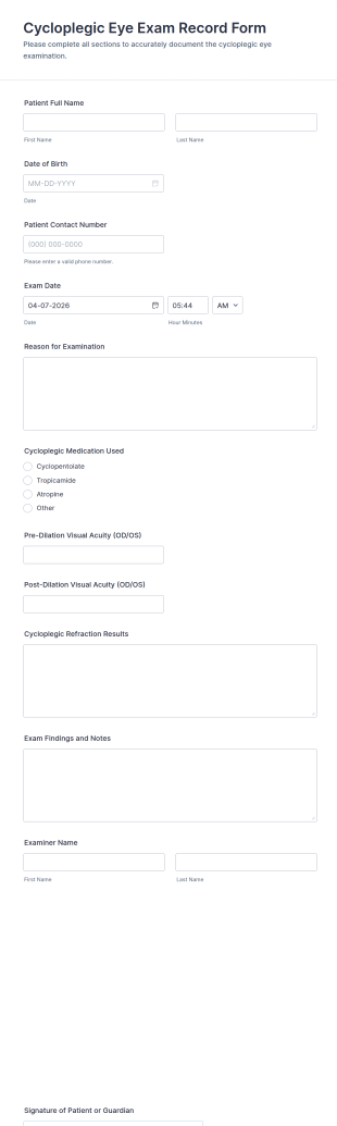 Cycloplegic Eye Exam Record Form Template