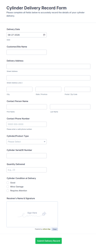 Cylinder Delivery Record Form Template