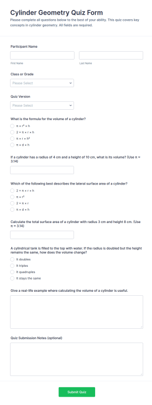 Cylinder Geometry Quiz Form Template