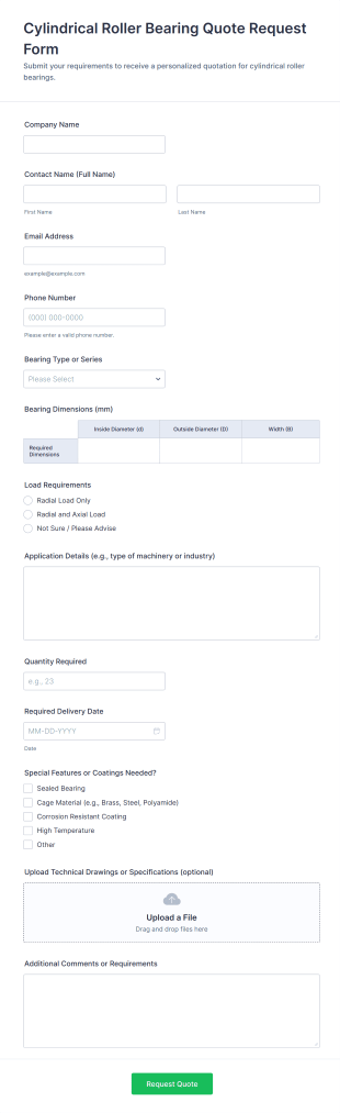 Cylindrical Roller Bearing Quote Request Form Template