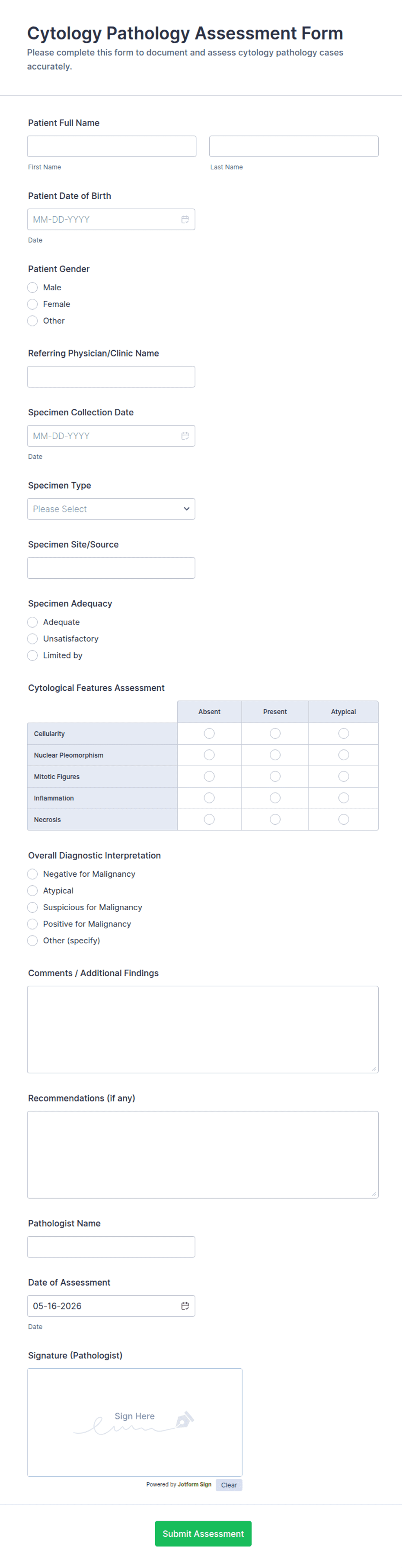 Cytology Pathology Assessment Form Template | Jotform