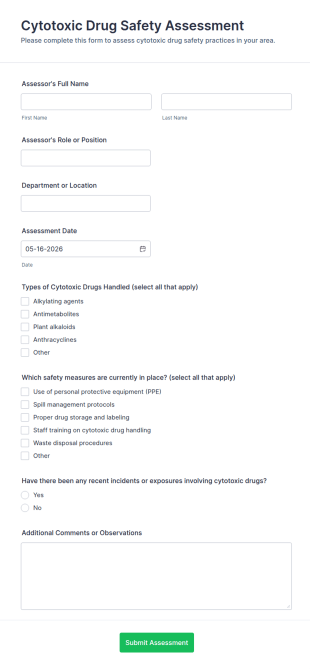 Cytotoxic Drug Safety Assessment Form Template