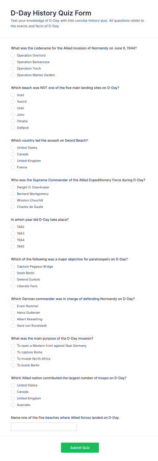 D Day History Quiz Form Template