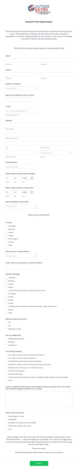 Prospective Traveler Vacation Questionnaire Form Template