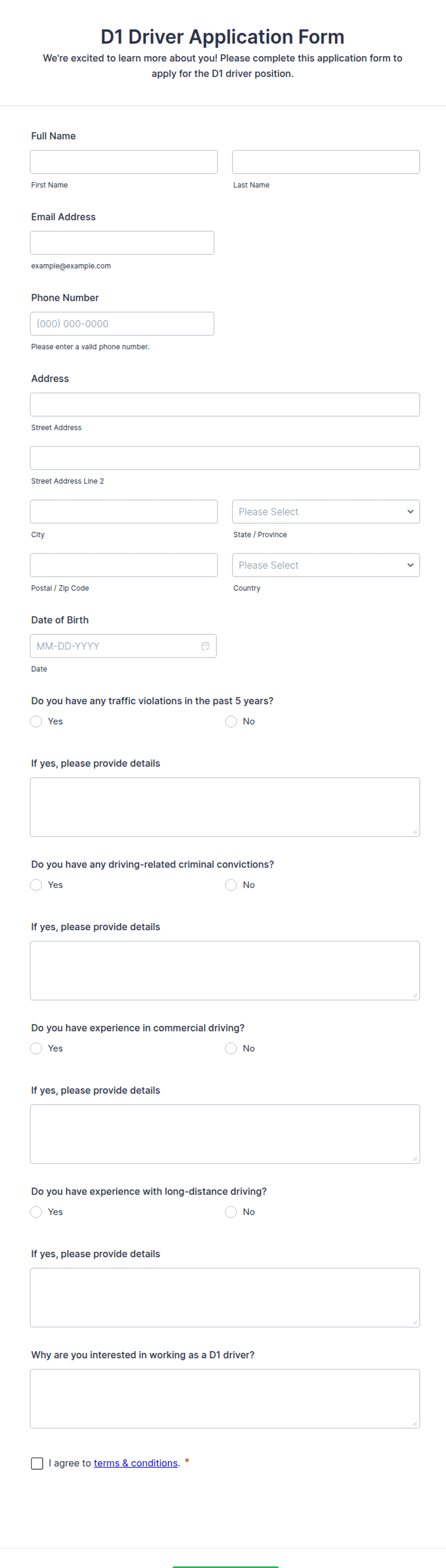 Generic Driver Application D1 Driver Application Form Template | Jotform