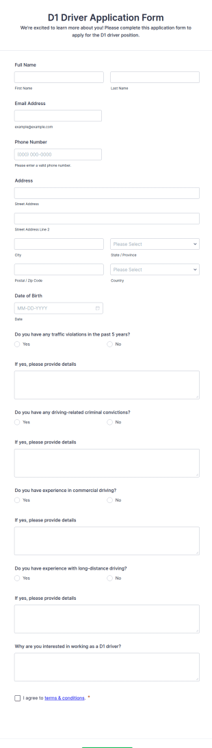 D1 Driver Application Form Template